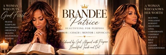 Brandee Patrice — Beautifying for Purpose banner: Author, Coach, Mentor, Advocate, with portraits of Brandee Patrice and the crown emblem